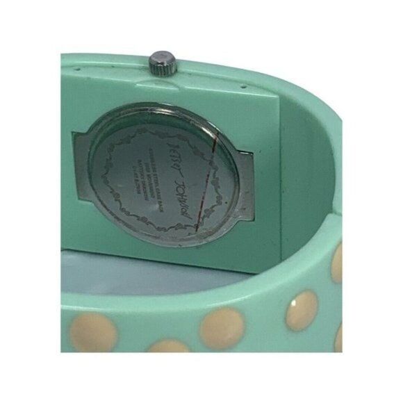 VTG BETSEY JOHNSON Green Polka Dot Hinged Woman\'s Bangle Watch 7\
